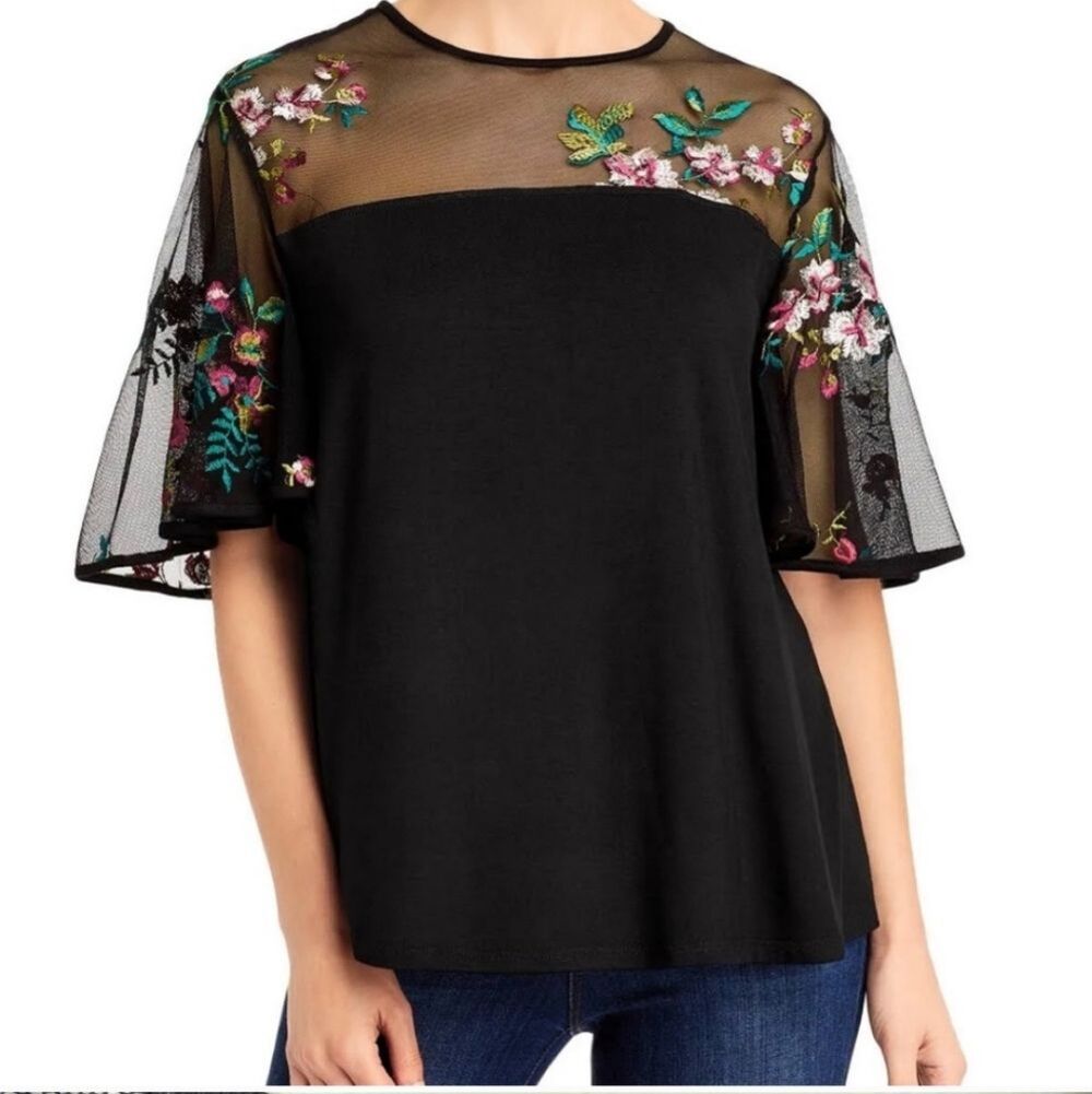 Kim & Cami Boutique Brand Sheer Illusion Embroidered Flutter Sleeve Blou…